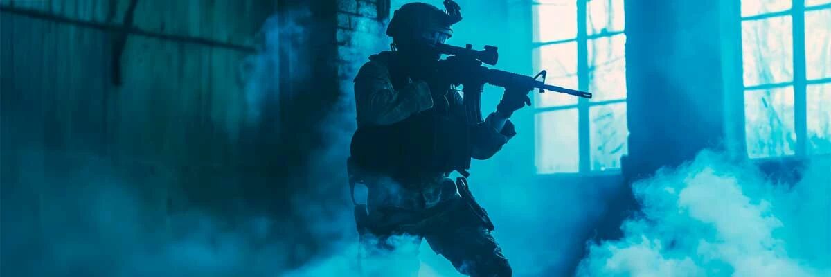 Partie d'airsoft avec grenades et fumignes