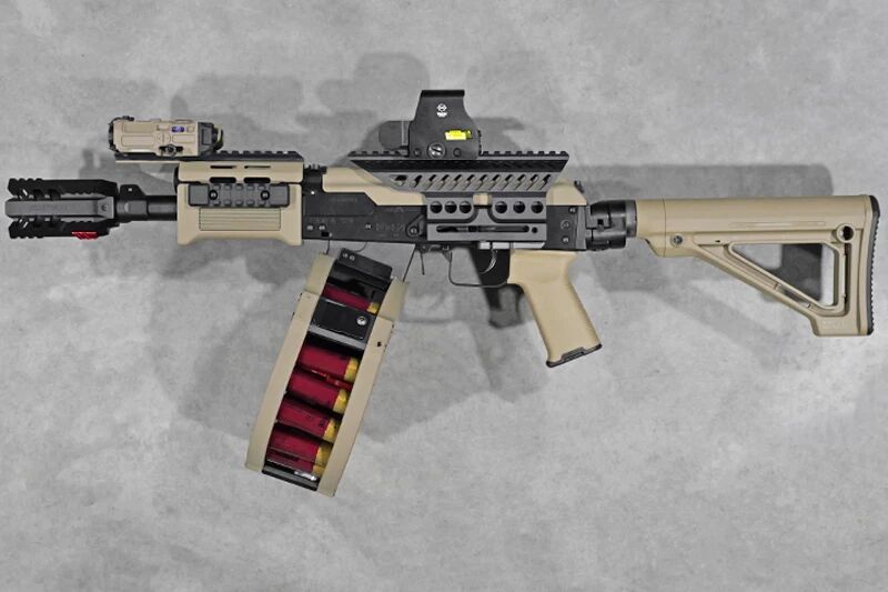 Rplique fusil  pompe SAIGA 12 SBS FDE Cearkote DRUM HPA Tokyo Marui Custom